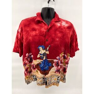 Basix Vintage Hawaiian Shirt Mens XL‎ Red Acid Wash Hula Girl Ukulele Aloha Camp